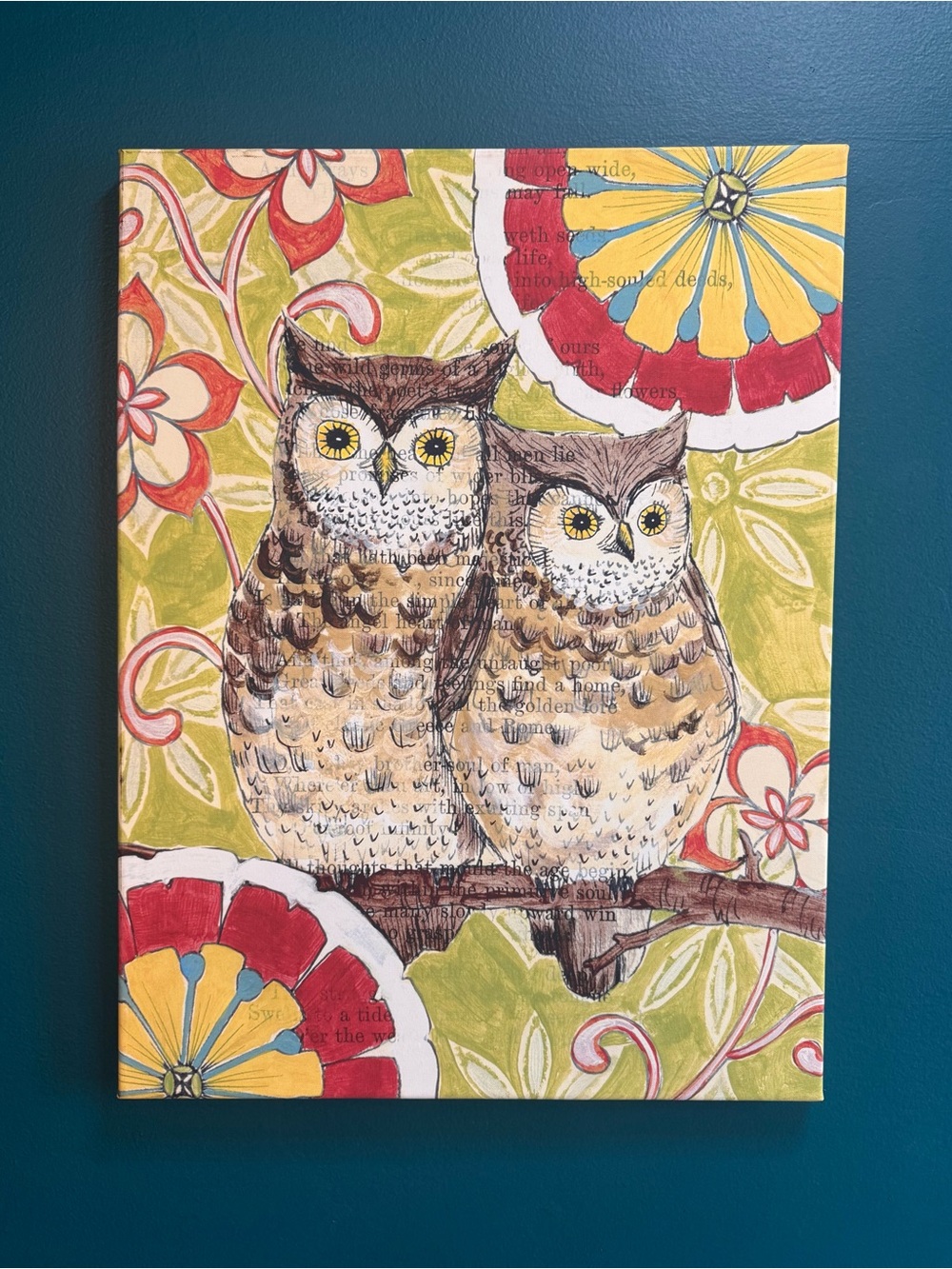 Pier 1 Owl Pair Wall Art - Green, Yellow, Red